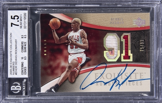 2005-06 UD "Exquisite Collection" Number Pieces #ENDR Dennis Rodman Signed Patch Card (#75/91) - BGS NM+ 7.5/BGS 9